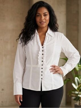 San Francisco White Long Sleeved button down ruffled blouse Blouse Size X-Large